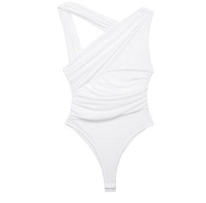 New asymmetric pleated tulle bodysuit White