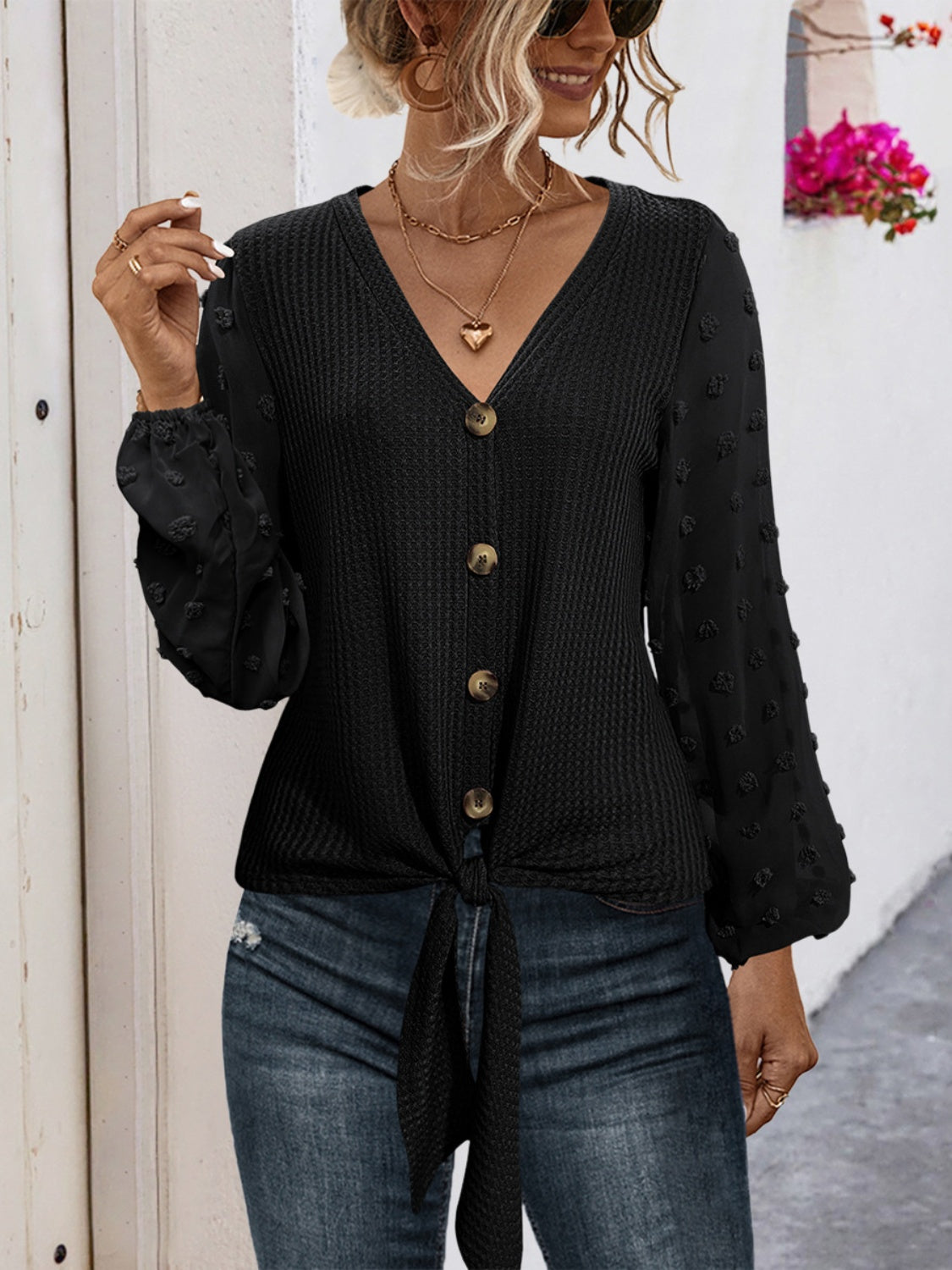 Tied Swiss Dot V-Neck Long Sleeve Blouse Black