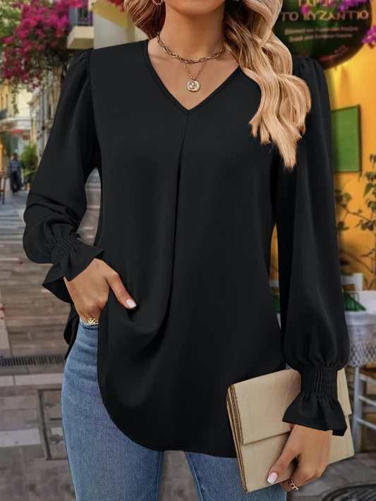 V-Neck Flounce Sleeve Blouse Black