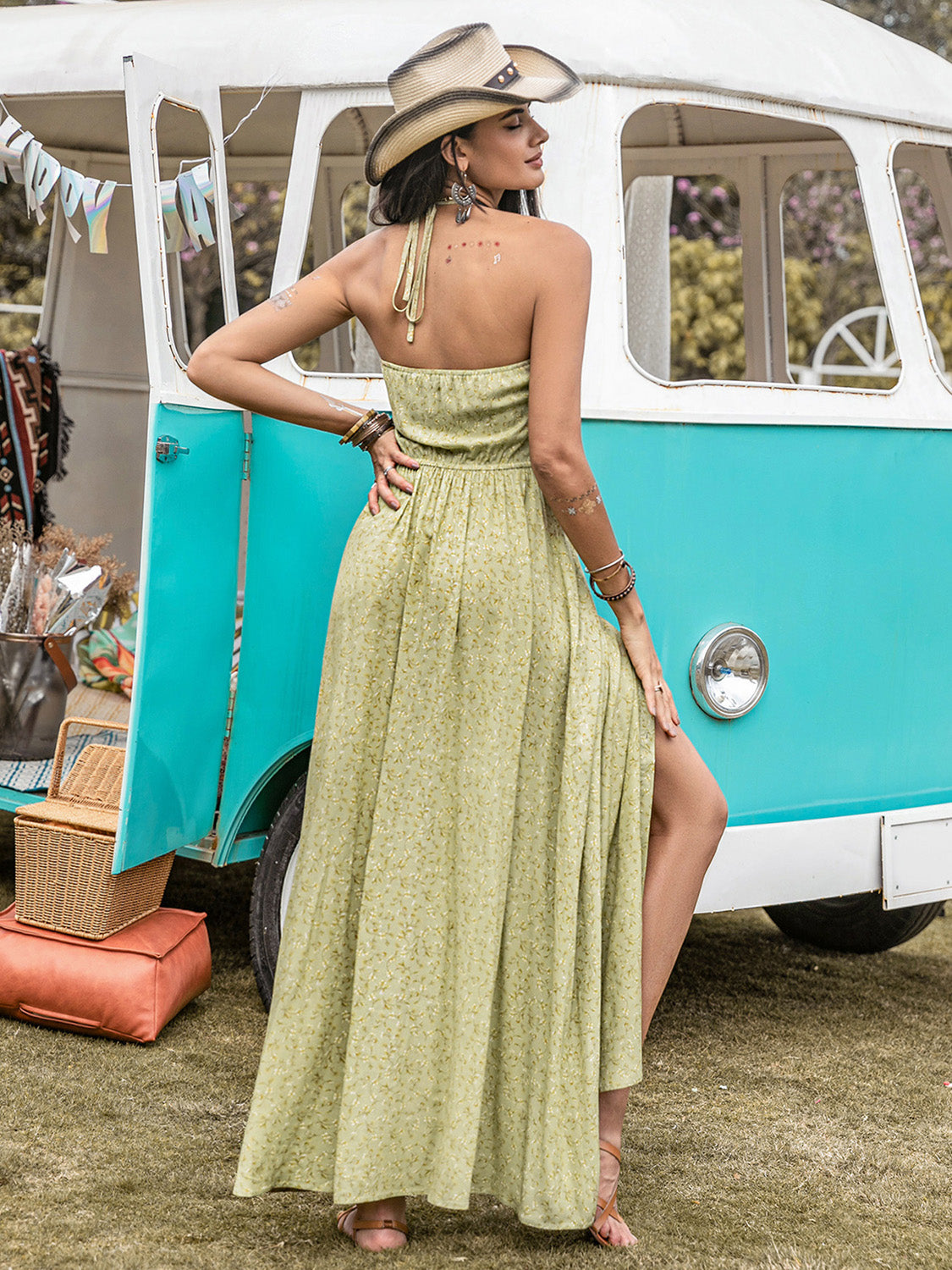 Printed Halter Neck Maxi Dress Sage