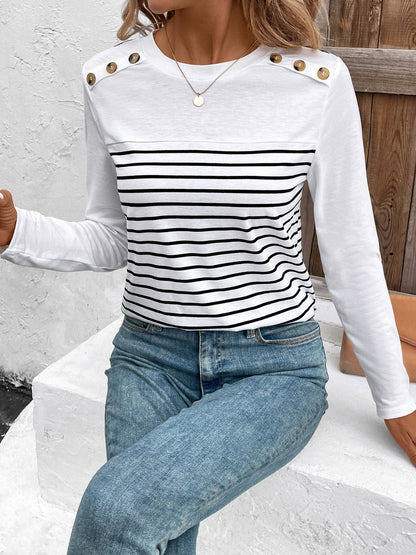 Decorative Button Striped Round Neck Long Sleeve T-Shirt Stripe