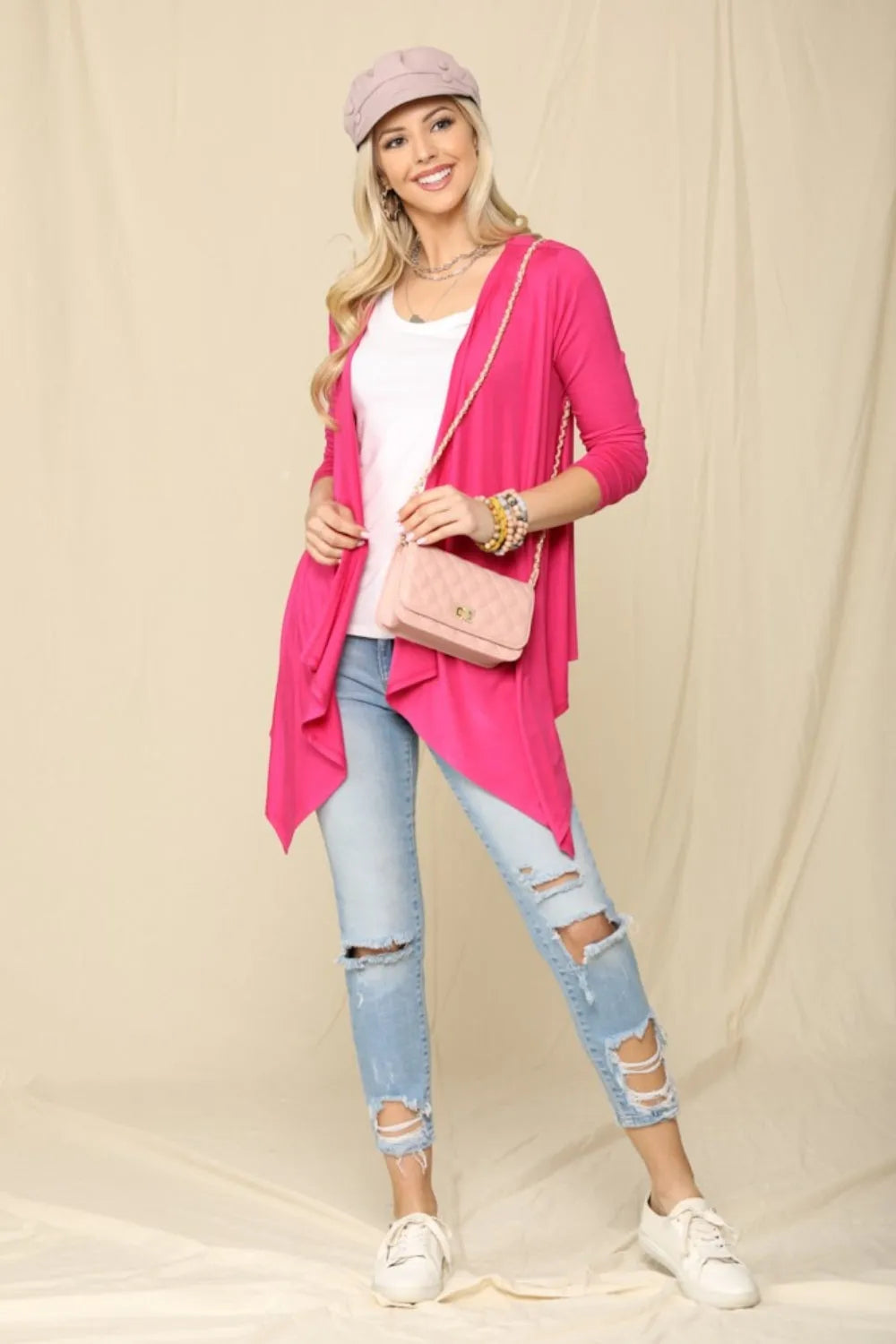 Celeste Full Size Open Front Knit Cardigan Fuchsia