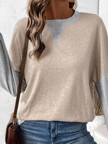 Perfee Contrast Round Neck Long Sleeve T-Shirt Tan