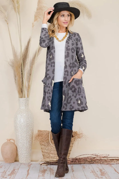 Celeste Full Size Leopard Open Front Contrast Cardigan Grey Leopard