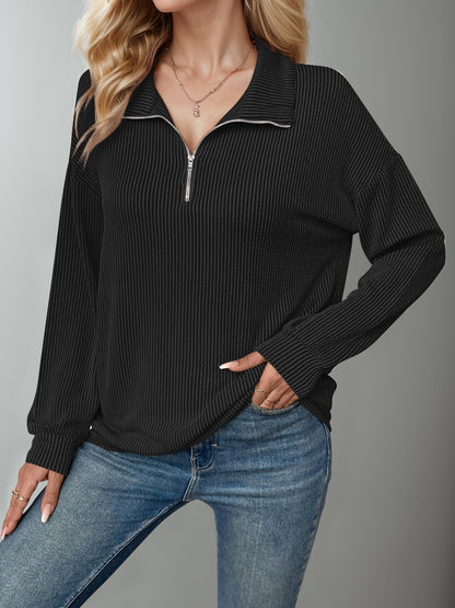 Double Take Striped Half Zip Long Sleeve T-Shirt Black