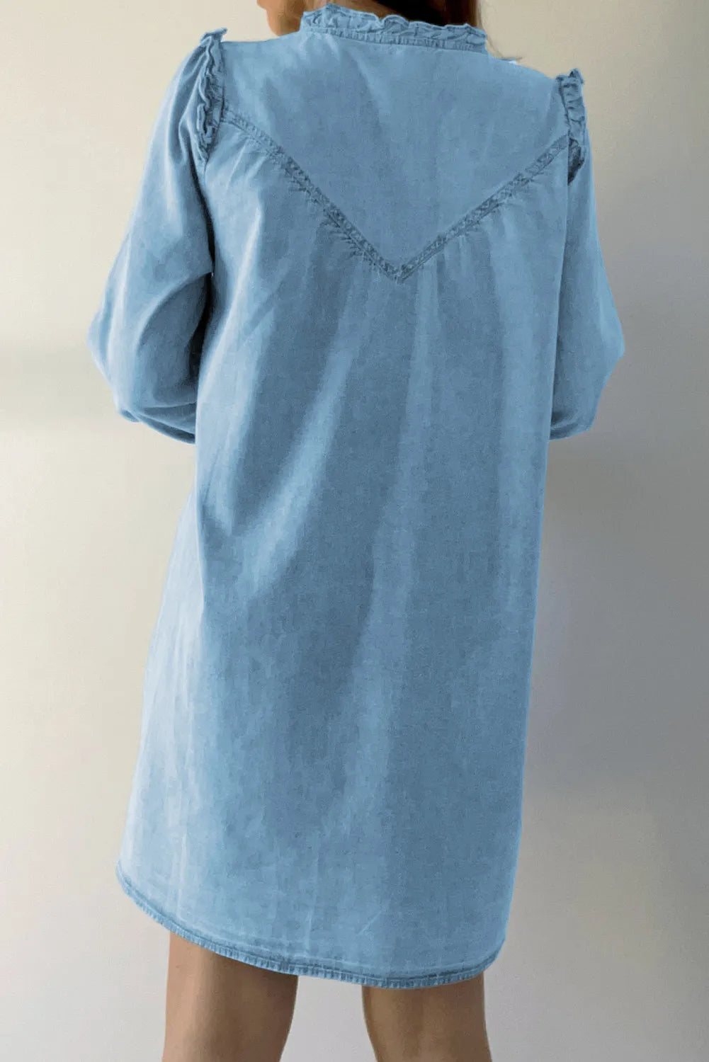 Button Up Notched Long Sleeve Denim Dress Light Blue