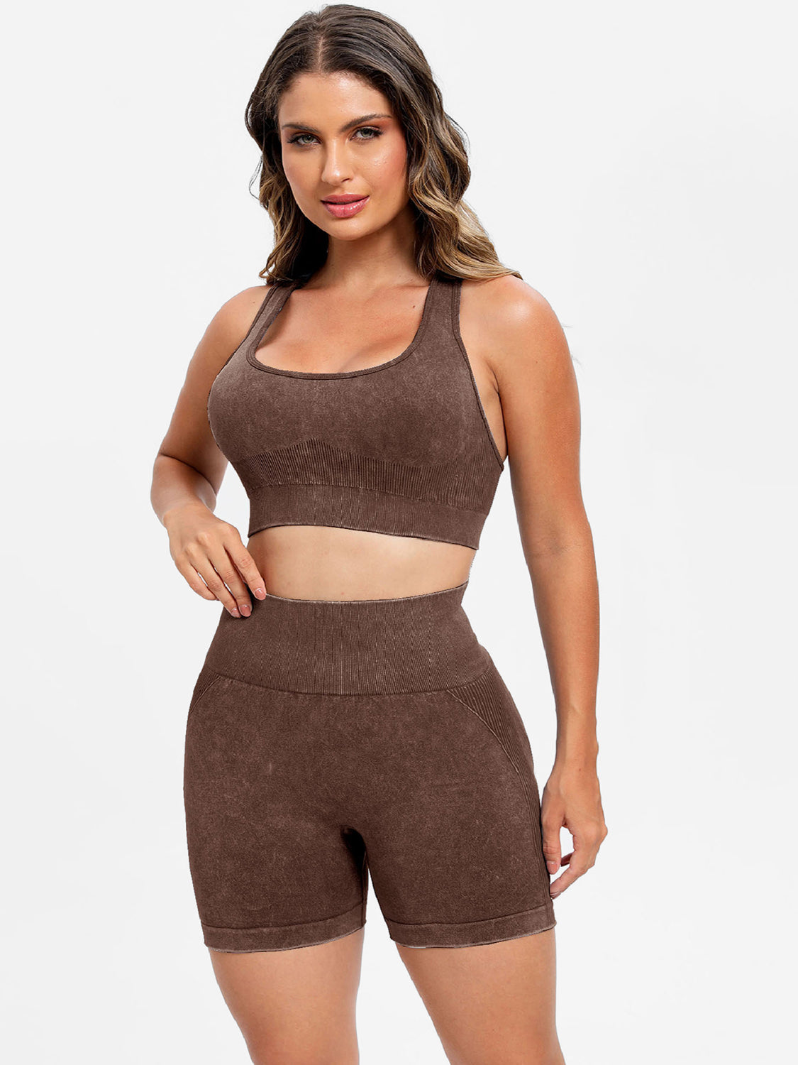 Scoop Neck Wide Strap Top and Shorts Active Set Dark Brown