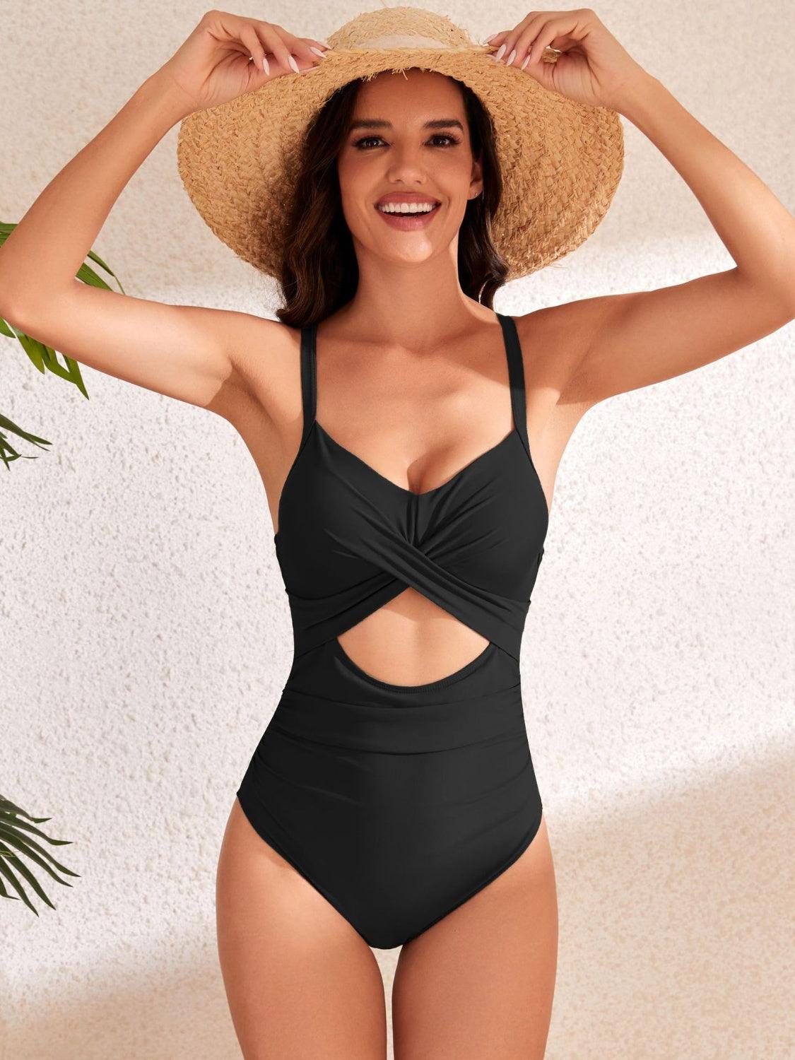 Crisscross Cutout V-Neck One-Piece Swimwear Black