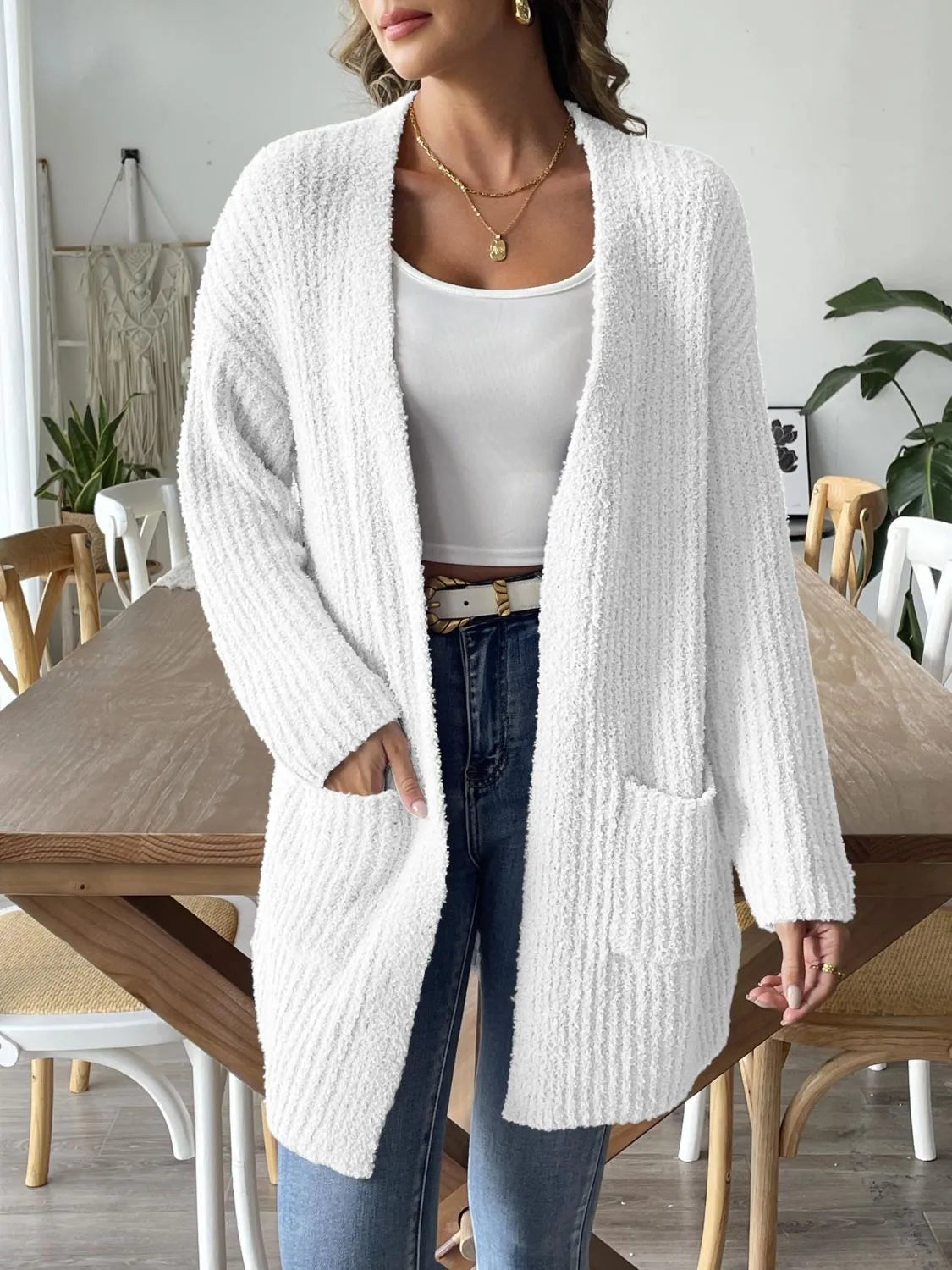 Open Front Long Sleeve Cardigan White