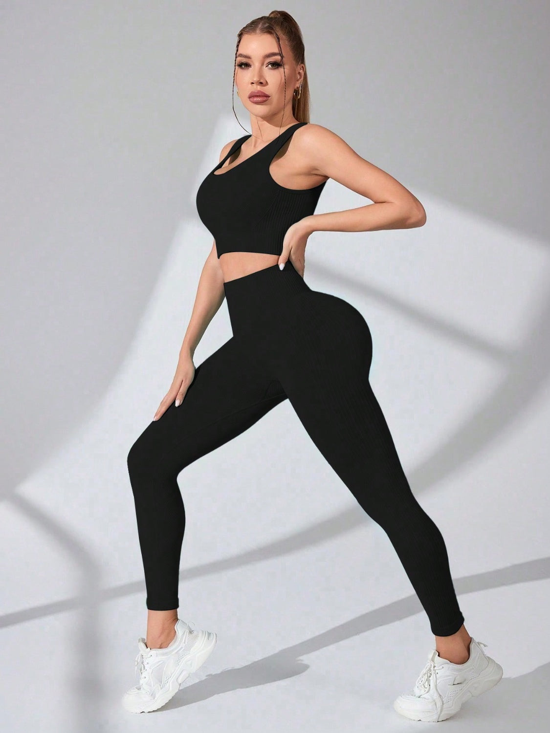 Scoop Neck Wide Strap Top and Pants Active Set Black