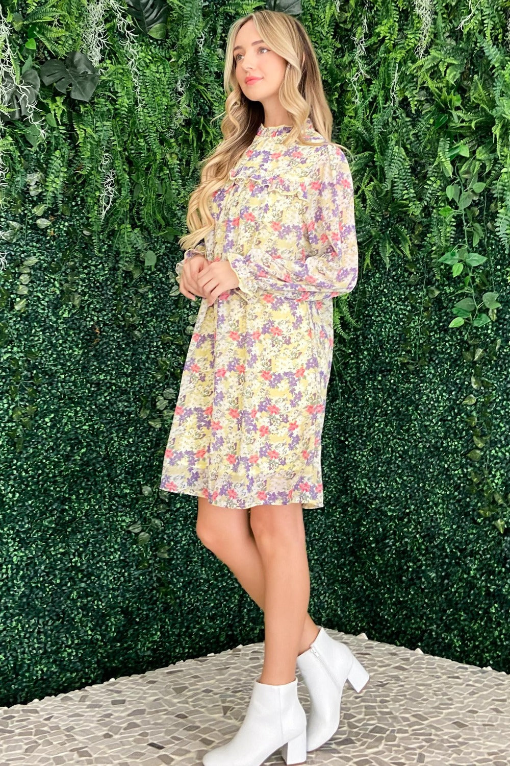 And The Why Floral Mock Neck Flounce Sleeve Dress Lemon