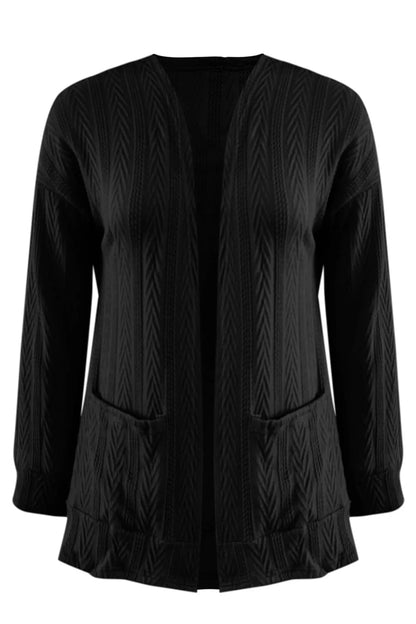 Full Size Textured Open Front Long Sleeve Cardigan Black