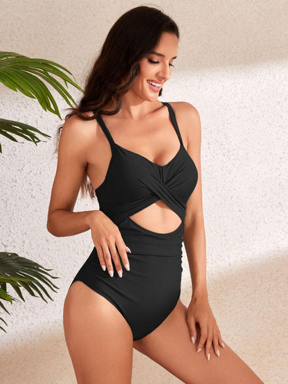 Crisscross Cutout V-Neck One-Piece Swimwear Black