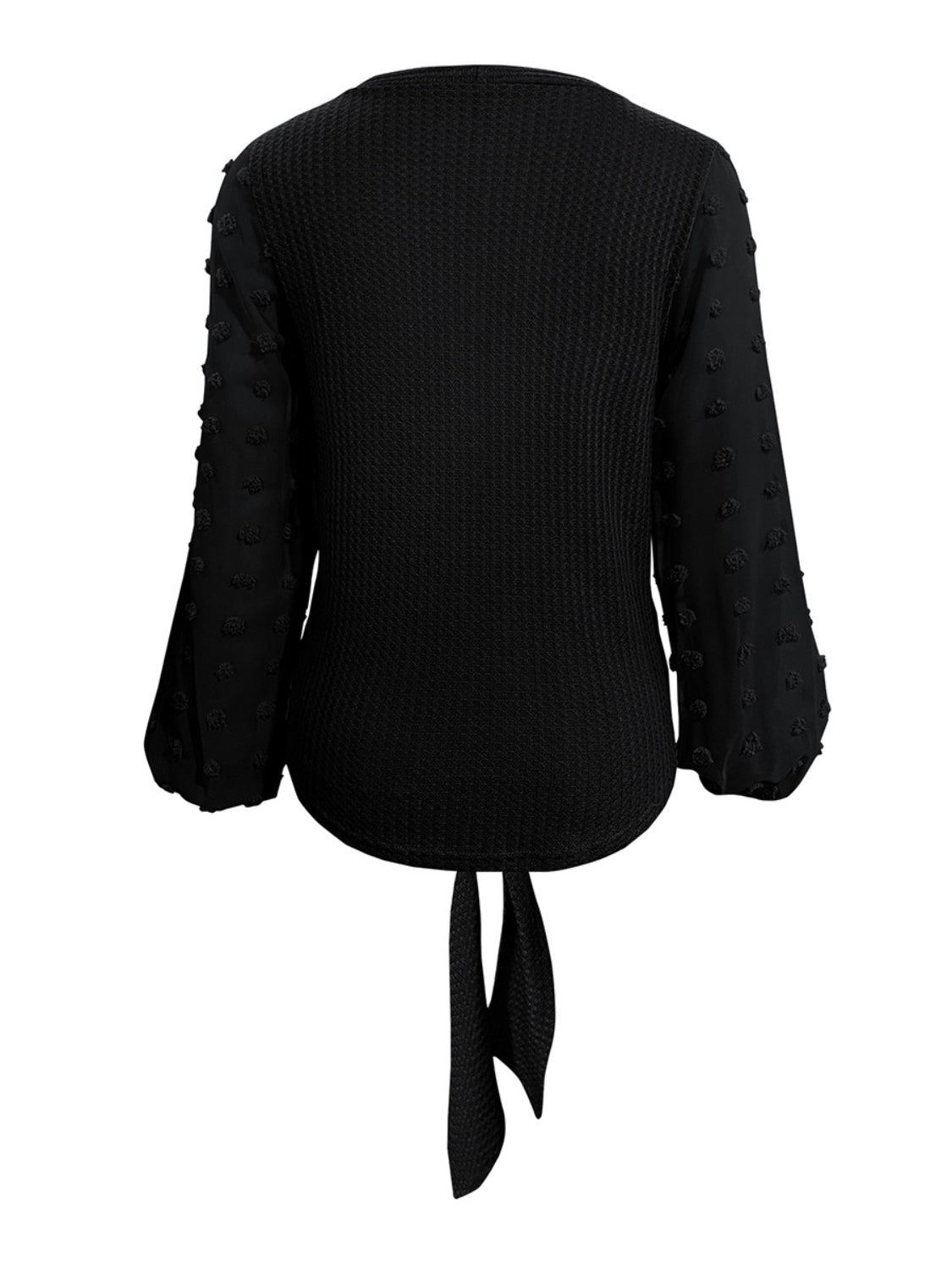 Tied Swiss Dot V-Neck Long Sleeve Blouse Black