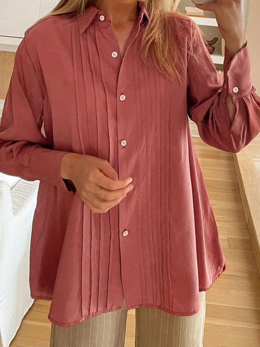 Perfee Ruched Collared Neck Long Sleeve Shirt Dusty Pink