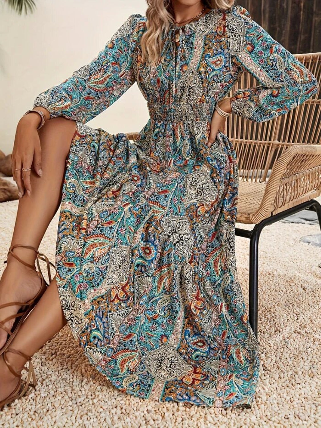 Printed Tie Neck Long Sleeve Maxi Dress Air Force Blue