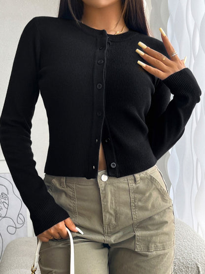 Button Up Round Neck Cardigan Black