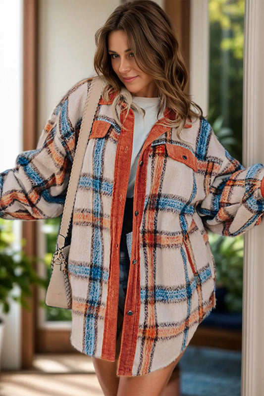 Plus Size Plaid Button Down Jacket Plaid