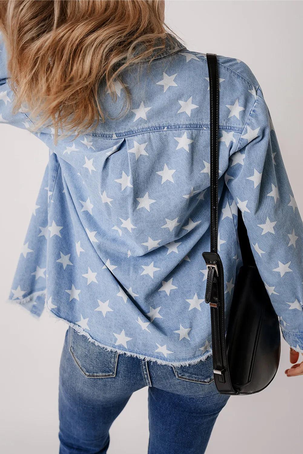 Star Button Up Long Sleeve Denim Jacket Light