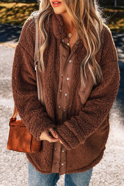 Fuzzy Snap Down Dropped Shoulder Jacket Brown