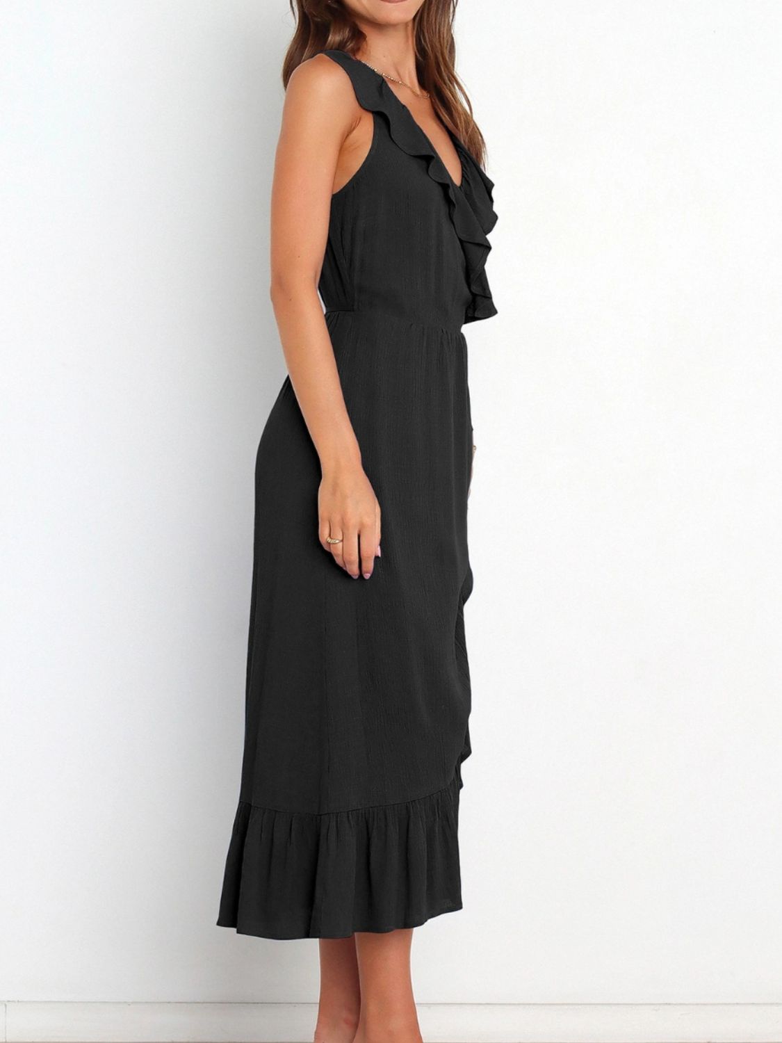 Ruffled Surplice Sleeveless Midi Dress Black