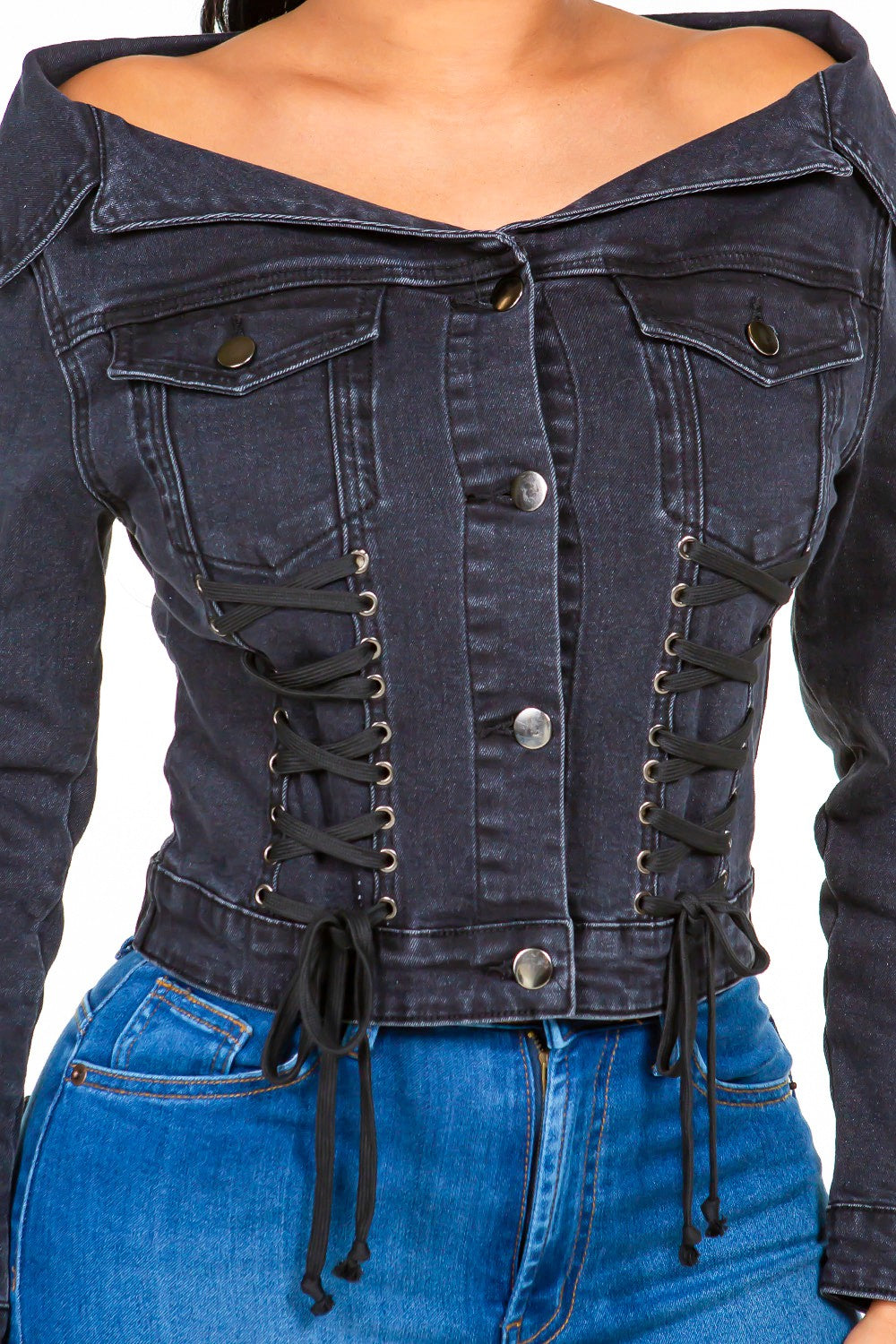 American Bazi Off Shoulder Lace Up Denim Jacket Black