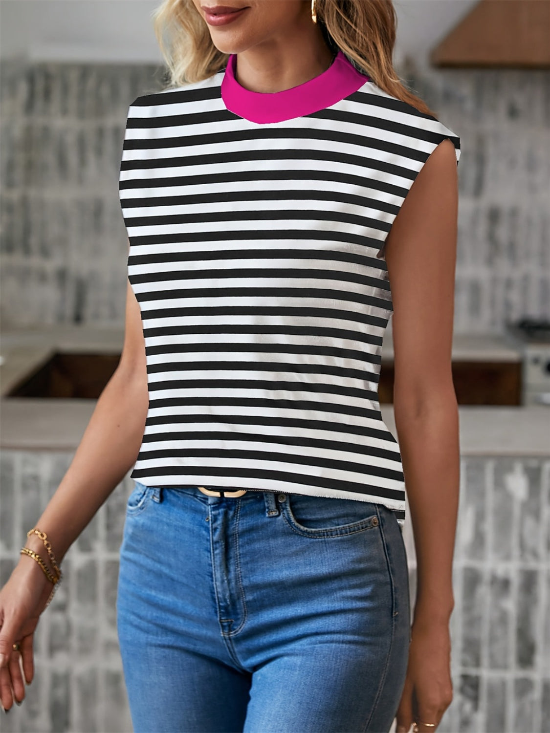 Striped Mock Neck Tank Black