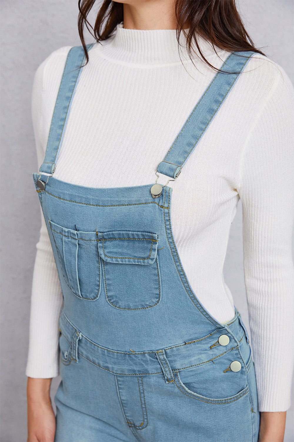 Distressed Washed Denim Overalls with Pockets Light