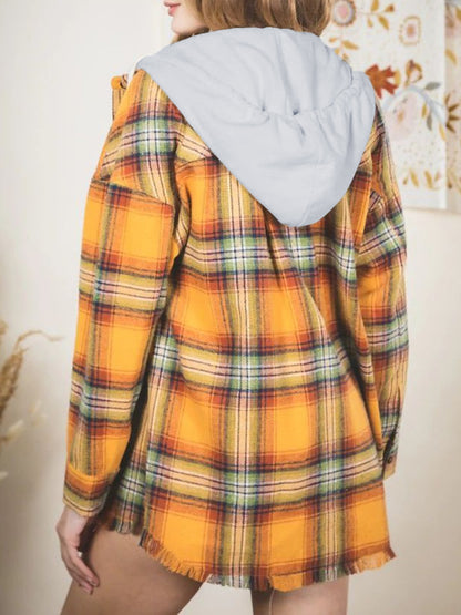 Raw Hem Plaid Long Sleeve Hooded Jacket Gold