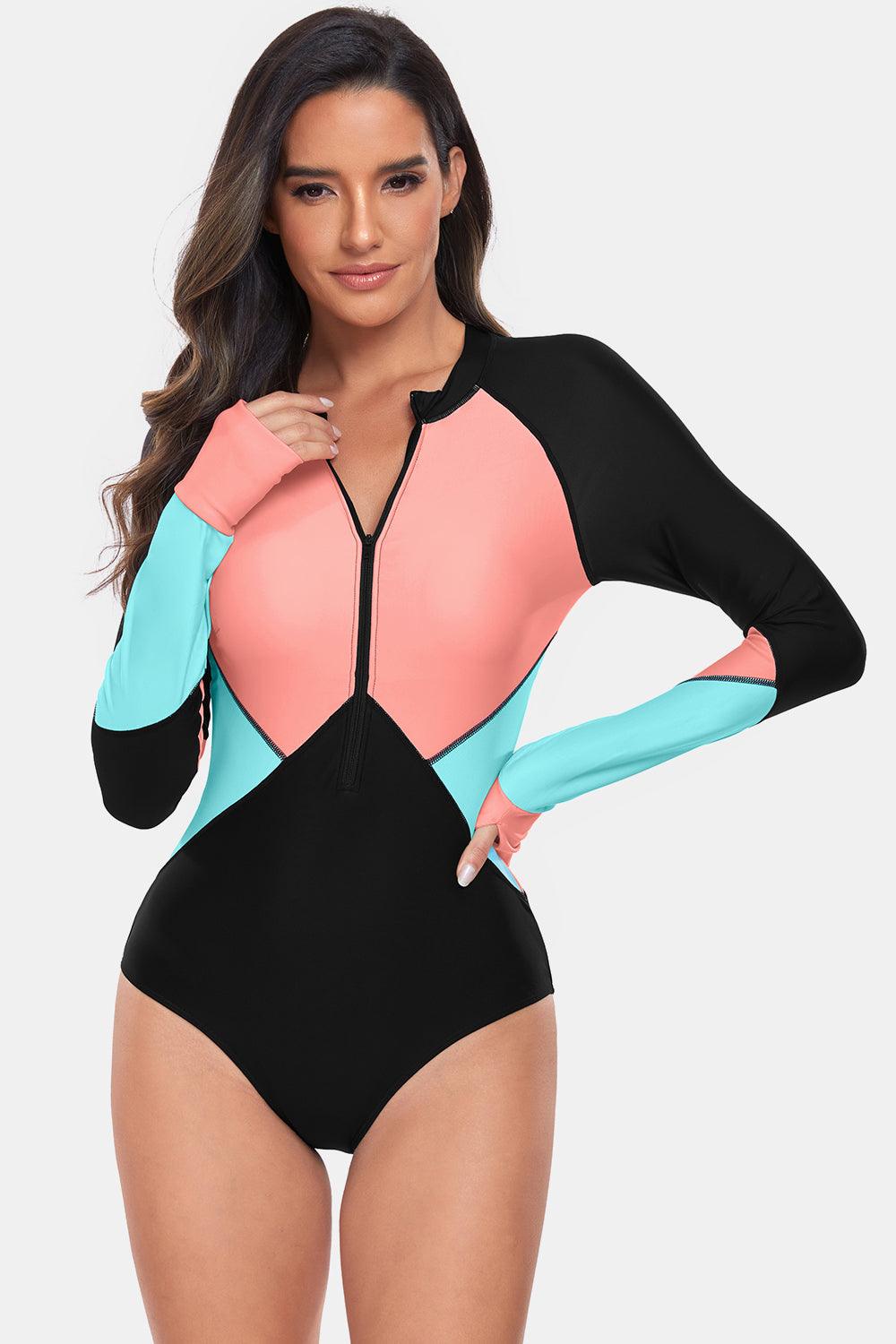 Color Block Half Zip Long Sleeve One-Piece Swimwear Burnt Coral