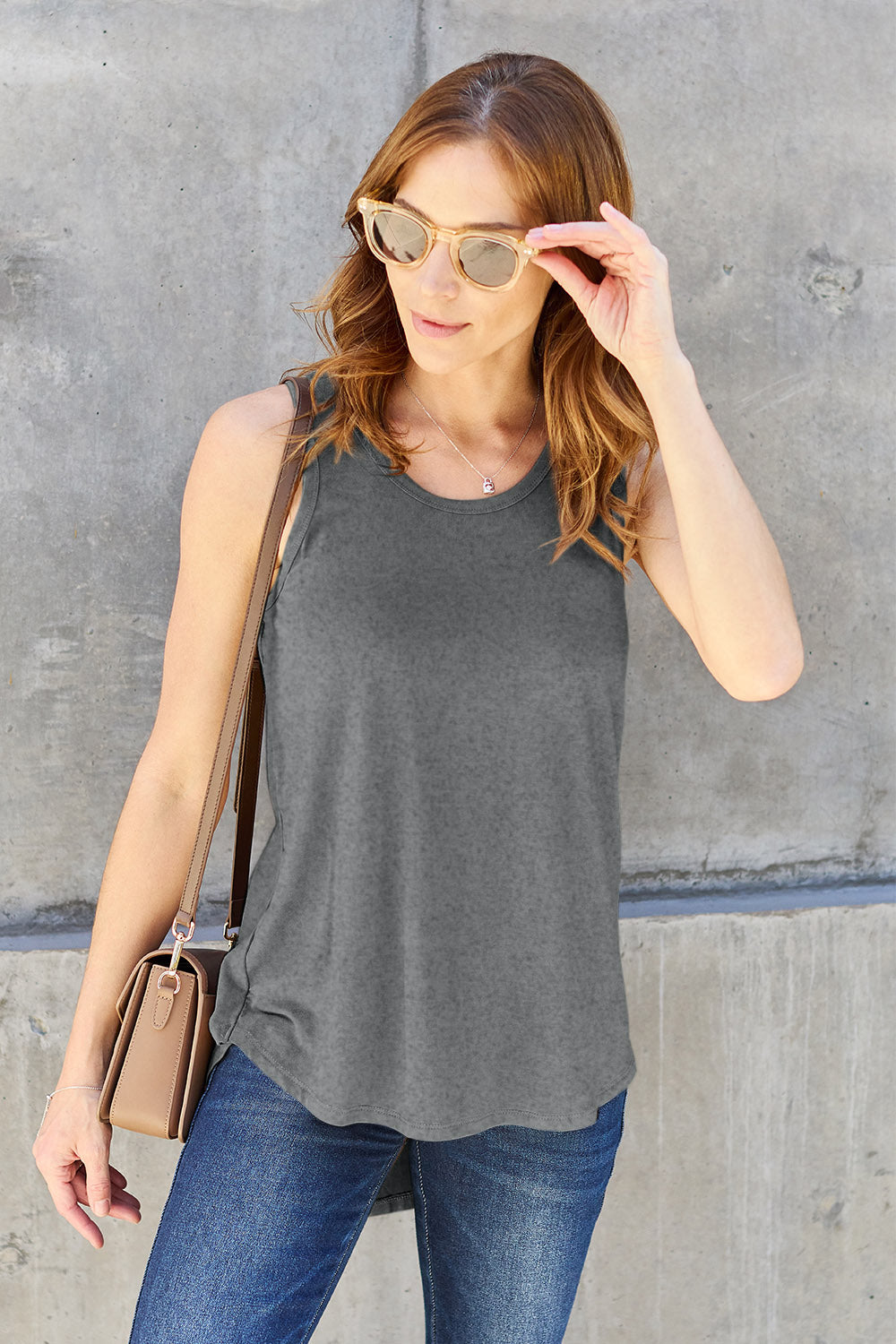 Basic Bae Full Size Round Neck Curved Hem Tank Gray