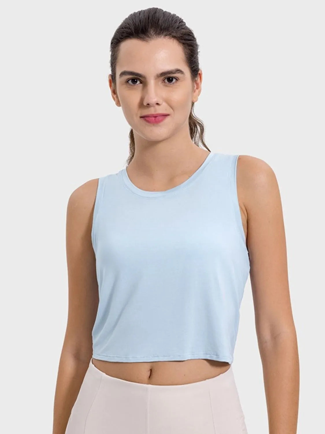 Drawstring Cutout Round Neck Active Tank Light Blue