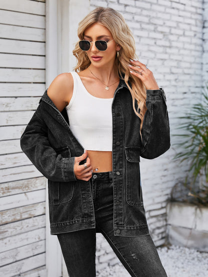 Button Up Long Sleeve Denim Jacket Black