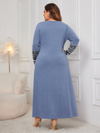 Honey Plus Size Printed Round Neck Long Sleeve Dress Dusty Blue