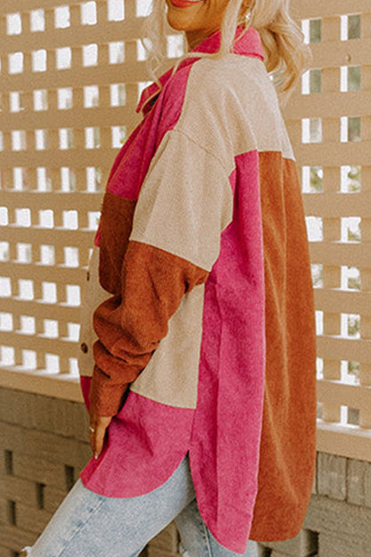 Color Block Long Sleeve Shacket Strawberry