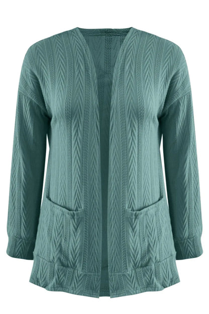 Full Size Textured Open Front Long Sleeve Cardigan Teal