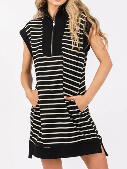 Full Size Pocketed Striped Quarter Zip Cap Sleeve Dress Black