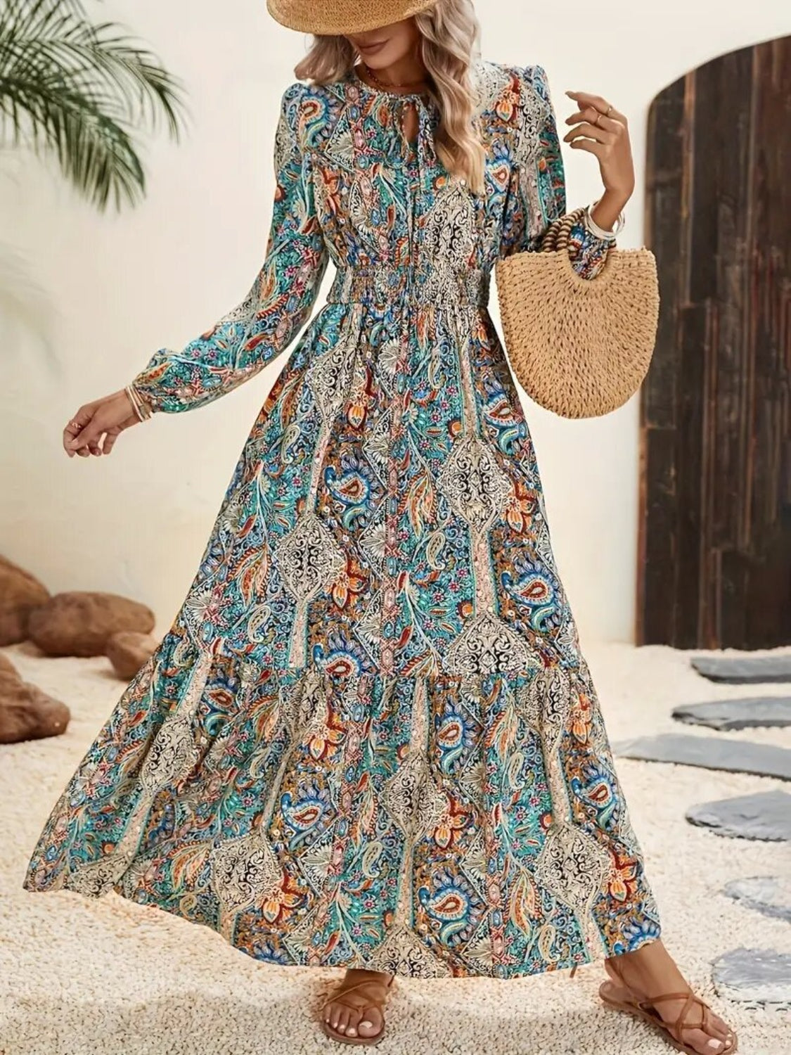 Printed Tie Neck Long Sleeve Maxi Dress Air Force Blue