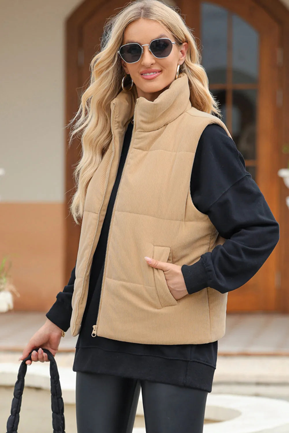 Pocketed Zip Up Turtleneck Vest Coat Tan