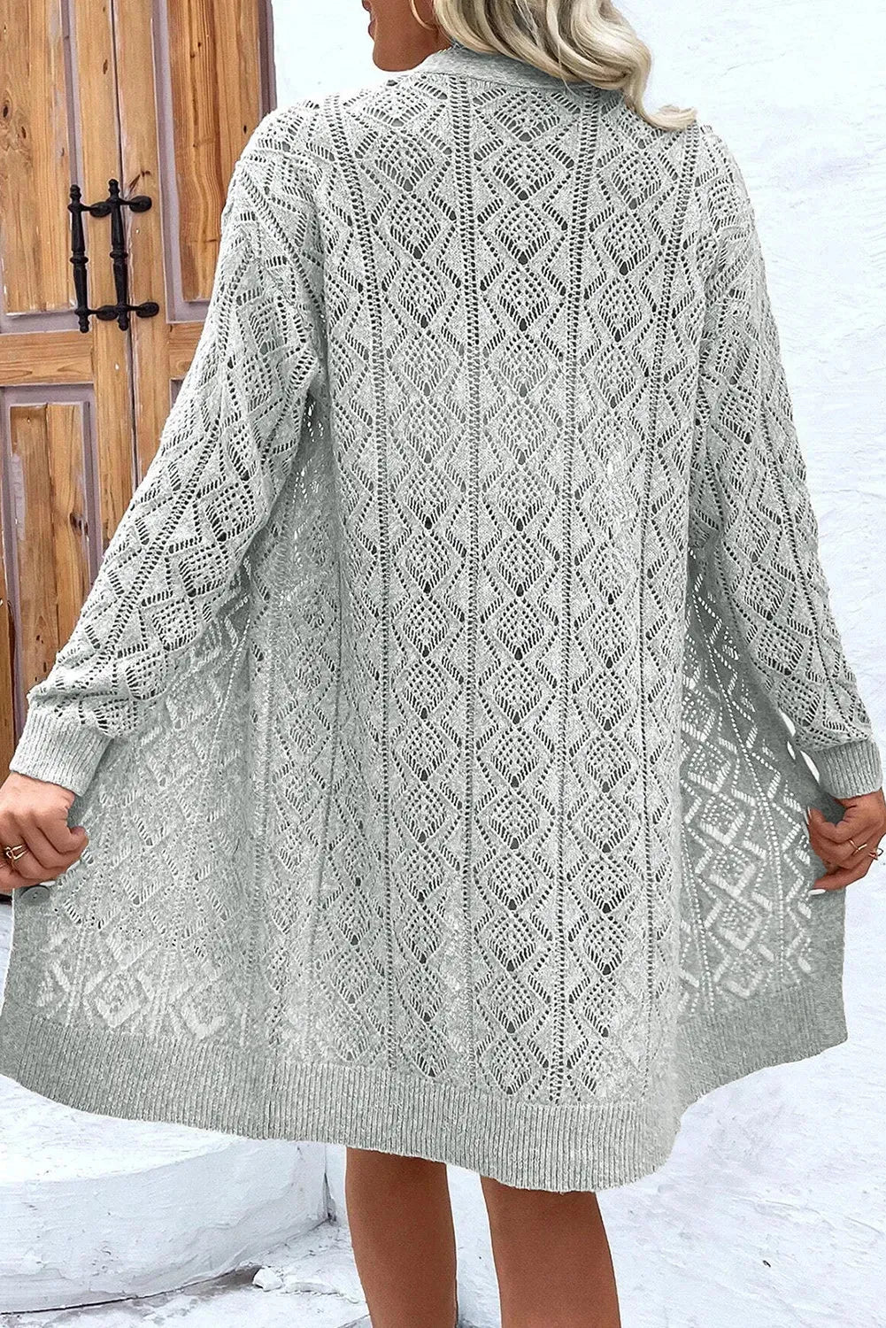 Openwork Button Down Long Sleeve Cardigan Gray