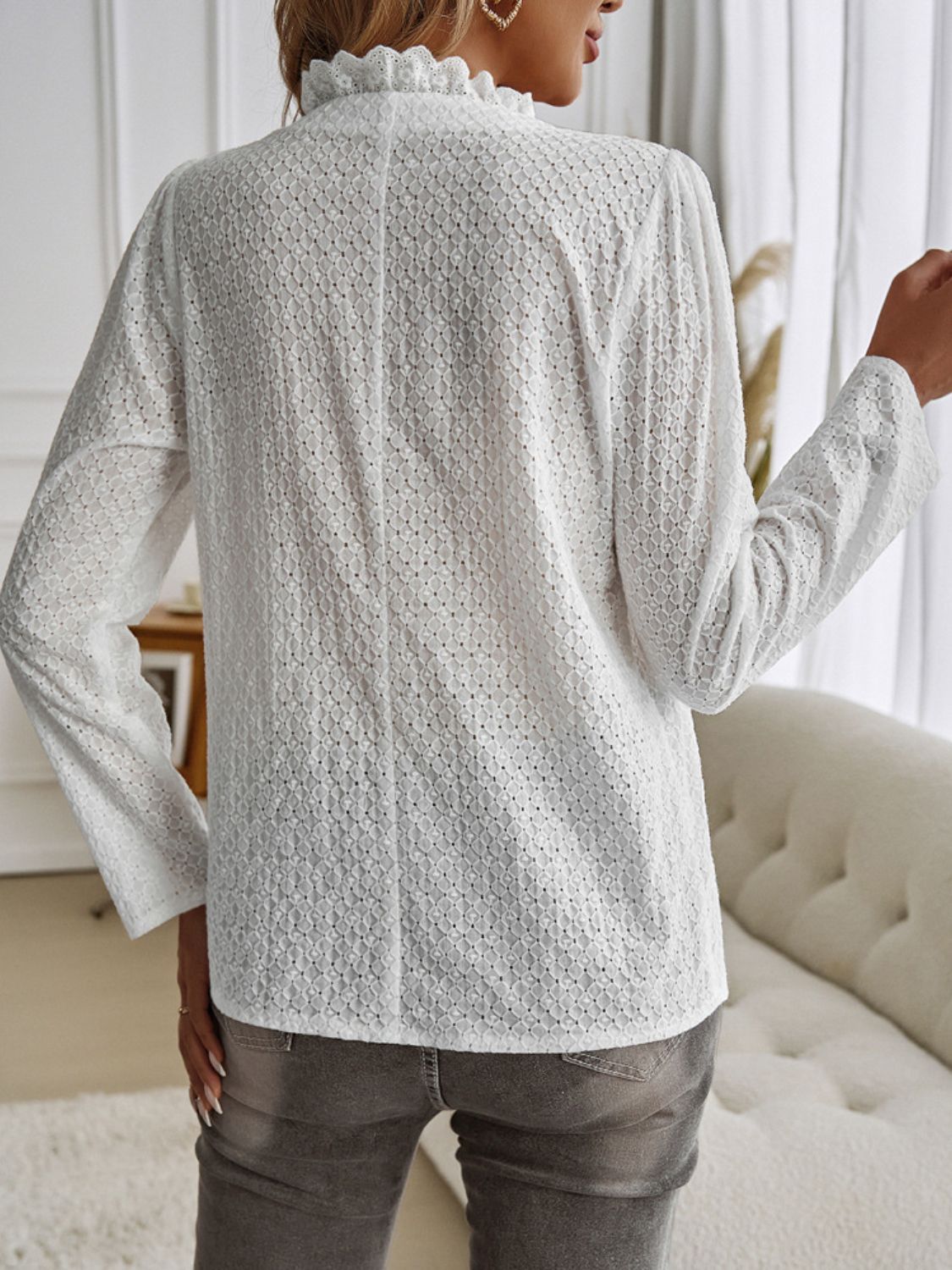 Devine Frill V-Neck Long Sleeve Shirt White