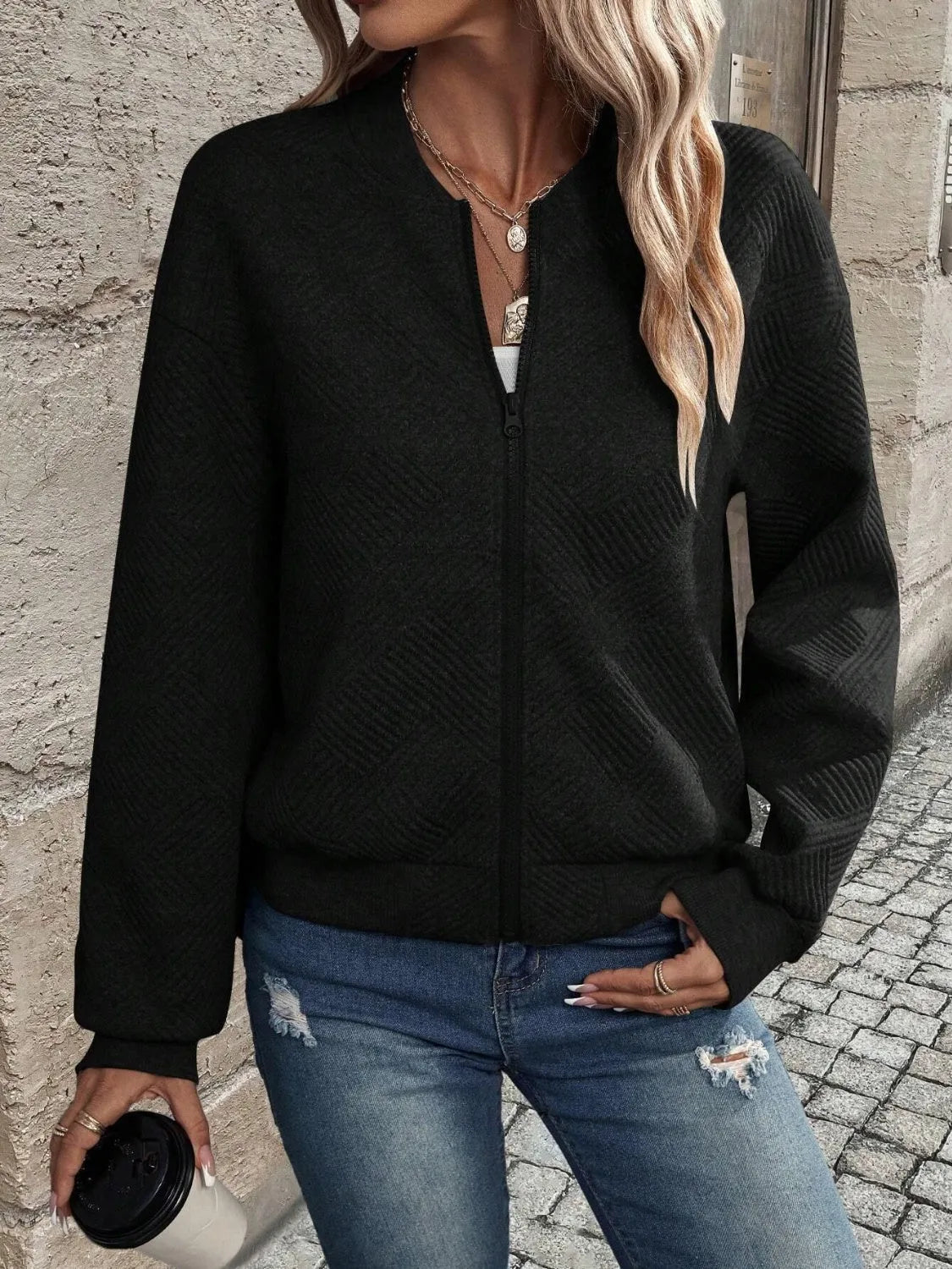 Textured Zip Up Long Sleeve Jacket Black