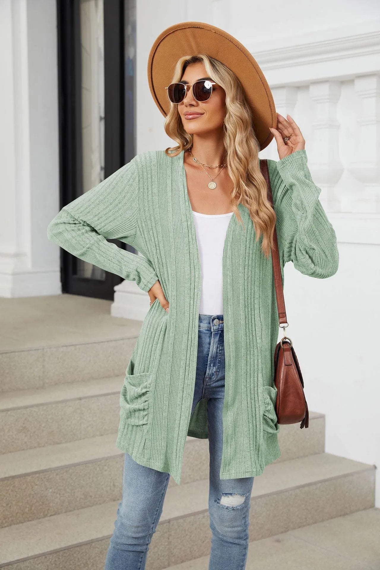 Pocketed Open Front Long Sleeve Cardigan