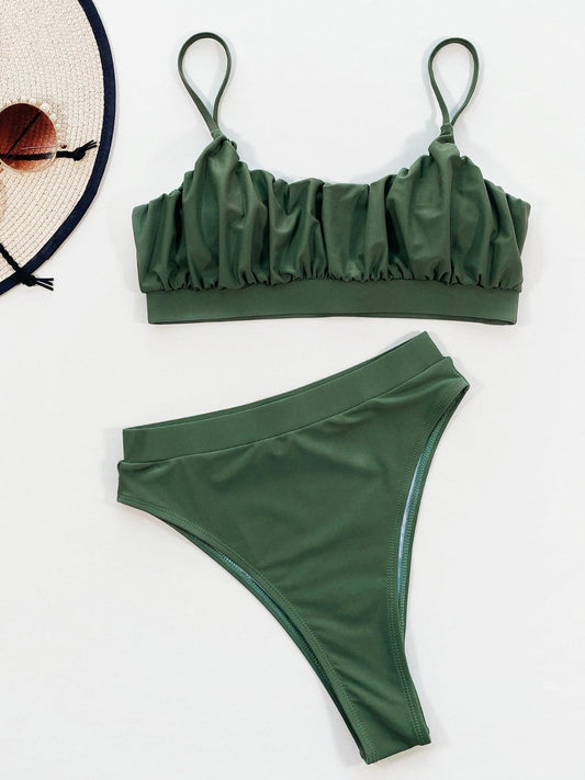 Adjustable Strap Ruched Two-Piece Swim Set Army Green