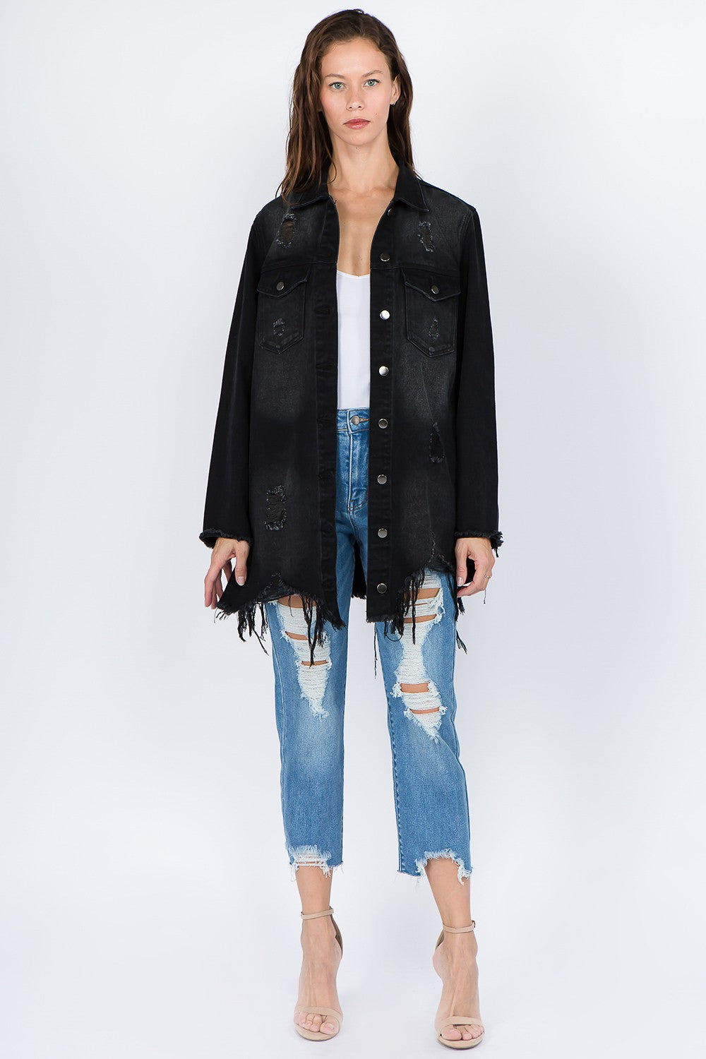 American Bazi Distressed Frayed Hem Denim Jacket Black