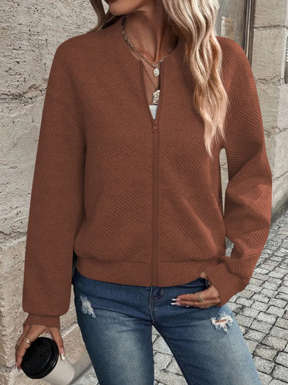 Textured Zip Up Long Sleeve Jacket Caramel