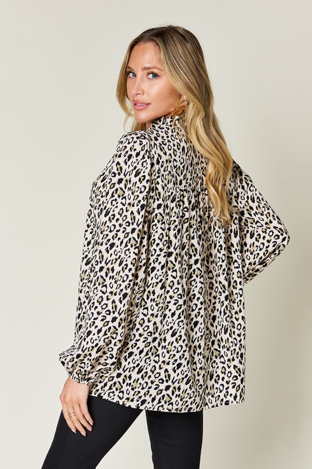 Double Take Full Size Leopard Long Sleeve Blouse White