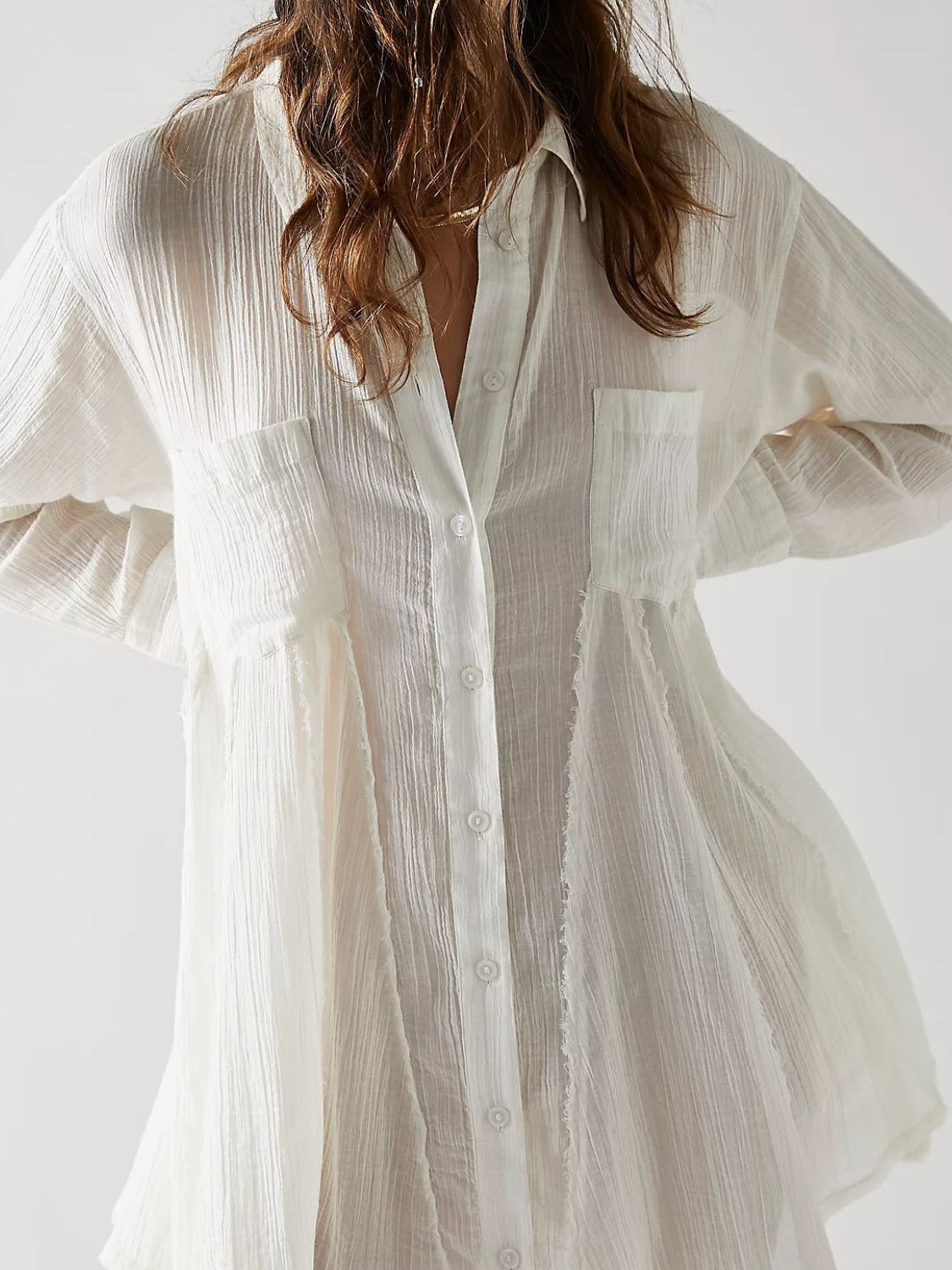 Button Up Collared Neck Long Sleeve Longline Shirt White