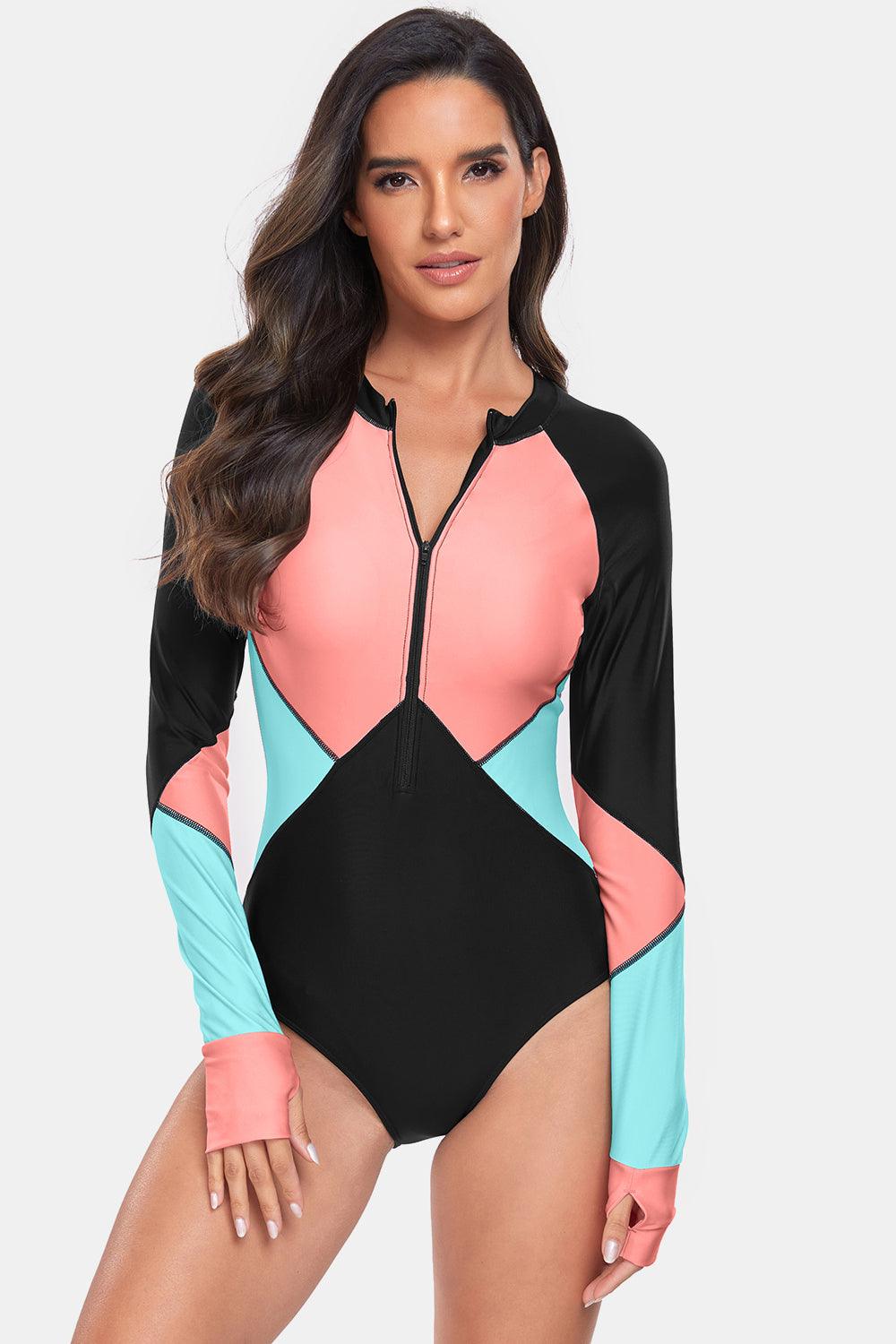 Color Block Half Zip Long Sleeve One-Piece Swimwear Burnt Coral