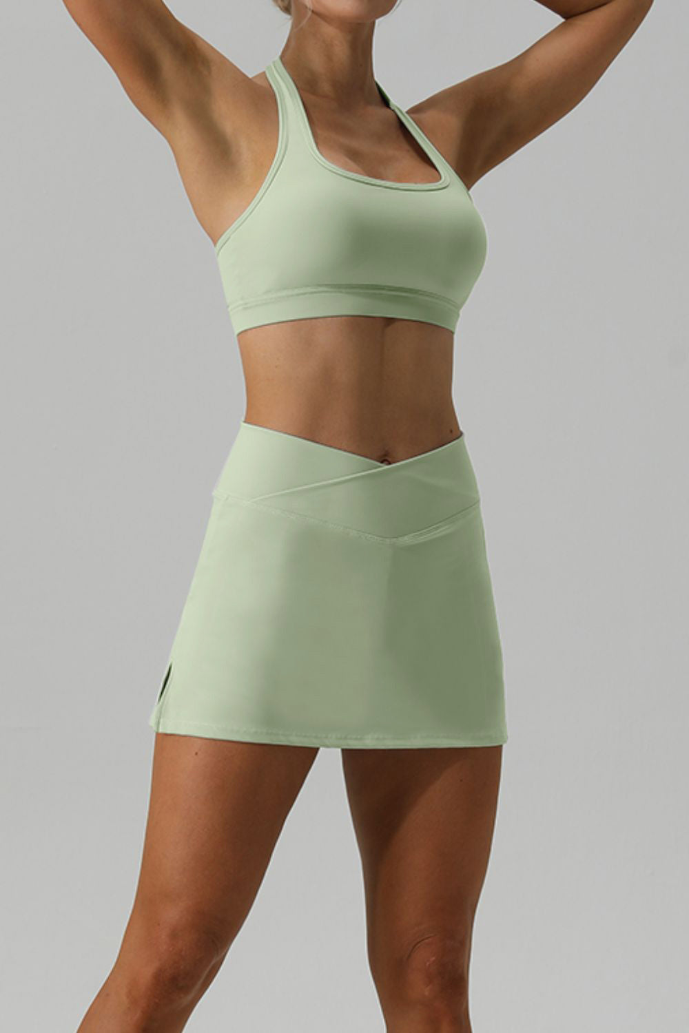 Halter Neck Tank and Slit Skirt Active Set Light Green